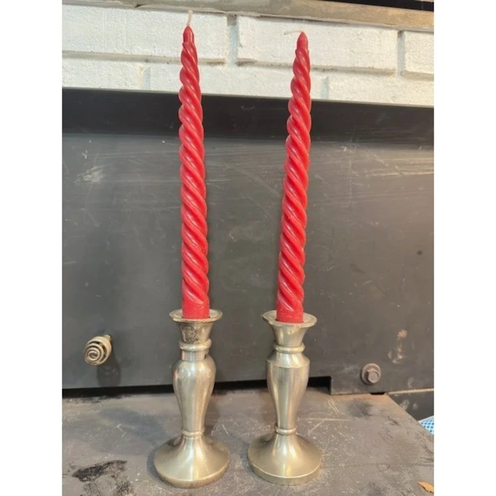 Restoration Hardware Silver Metal Candlestick Holders‎ Set of 3 with Red Candles